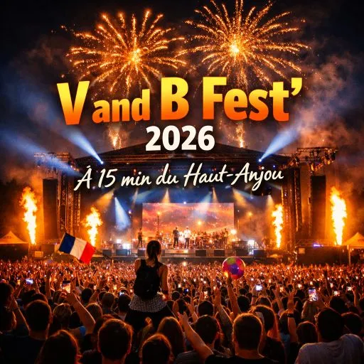 Foule en fête devant la scène du V and B Fest 2026 à Château‑Gontier, feux d’artifice et lumières nocturnes à 15 minutes des Chambres d’hôtes du Haut Anjou.tout près des Chambres d’hôtes du Haut Anjou