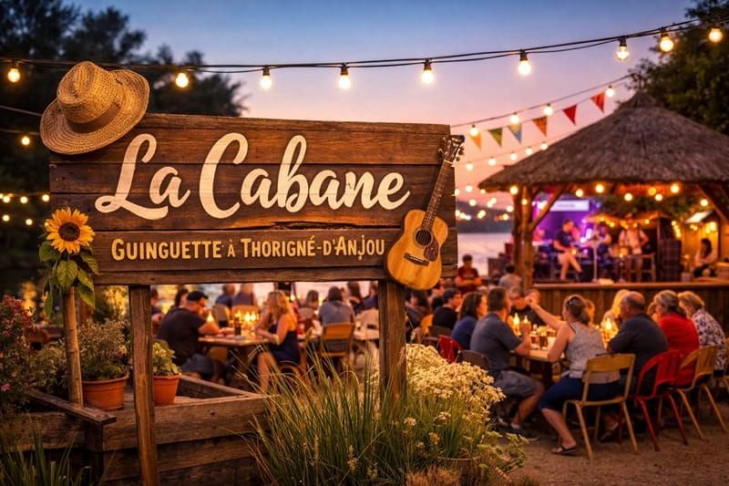 Guinguette La Cabane à Thorigné‑d’Anjou au coucher du soleil, ambiance festive avec guirlandes et musique live.