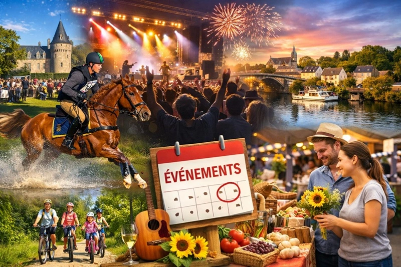 Montage d’événements autour de Thorigné‑d’Anjou : cheval, concerts, marché, Mayenne et activités familiales