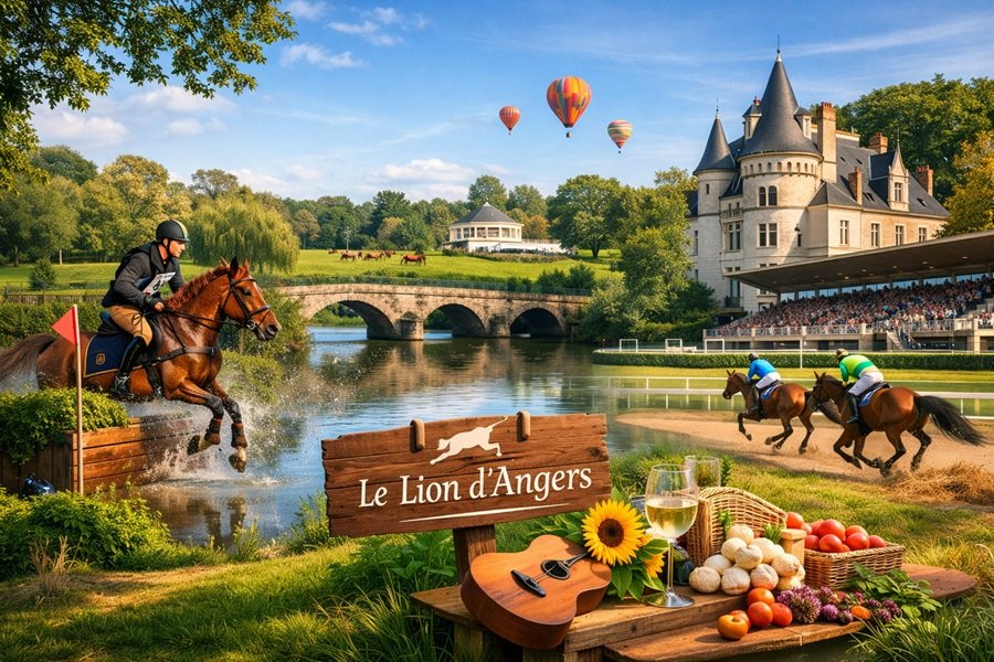Vue du Lion d’Angers : hippodrome, château, chevaux et nature du Parc de l’Isle Briand